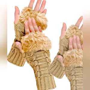 Tan Camel Faux Fur Fingerless Gloves Mid Length ❄️ great gift